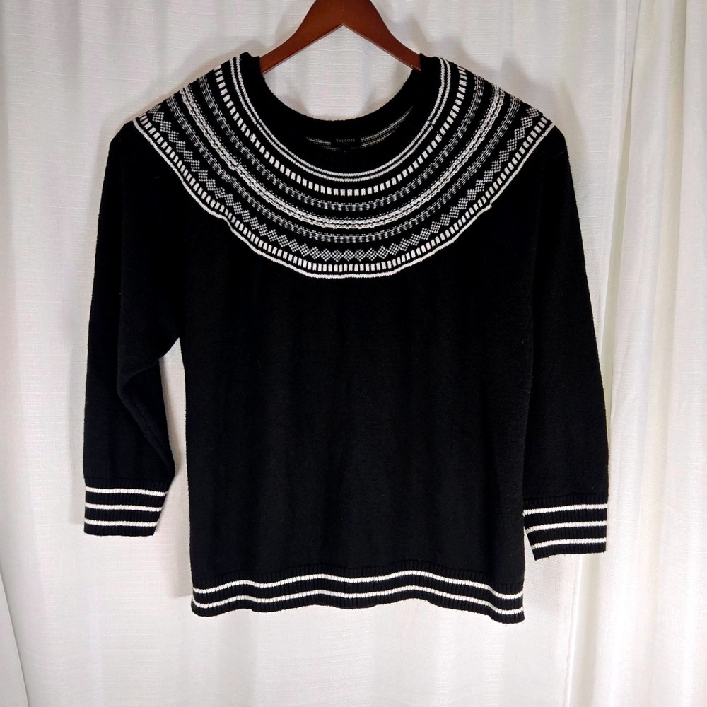 Talbots‎ Plus Size 3X Black Knit Sweater Fair Isle Crew Neck 3/4 Sleeve